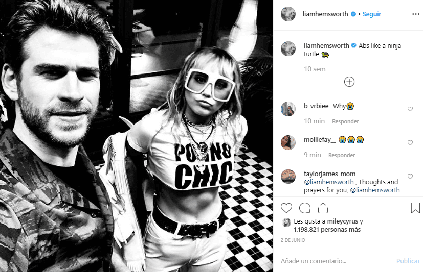 Mientras que 
<b><a href="https://www.instagram.com/liamhemsworth/" target="_blank">Liam Hemsworth</a></b> tiene una foto con su esposa del 2 de junio, en la cual hace referencia a los abdominales de ella.