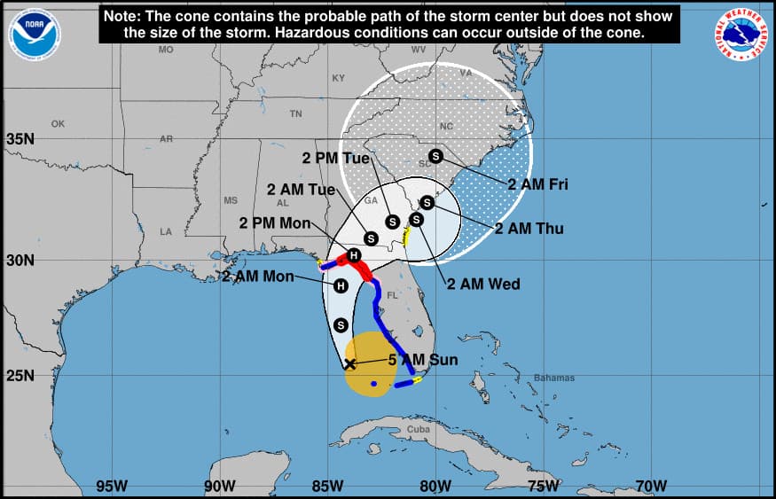 Cono de trayectoria de la tormenta tropical Debby.
