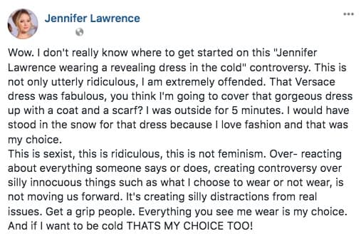 "Ese vestido Versace es fabuloso, ¿piensan que iba a cubrir ese espléndido traje con un abrigo y una bufanda? Estuve afuera cinco minutos. Y me lo habría puesto hasta en la nieve, porque amo la moda y porque así lo decidí", lee parte de su mensaje.