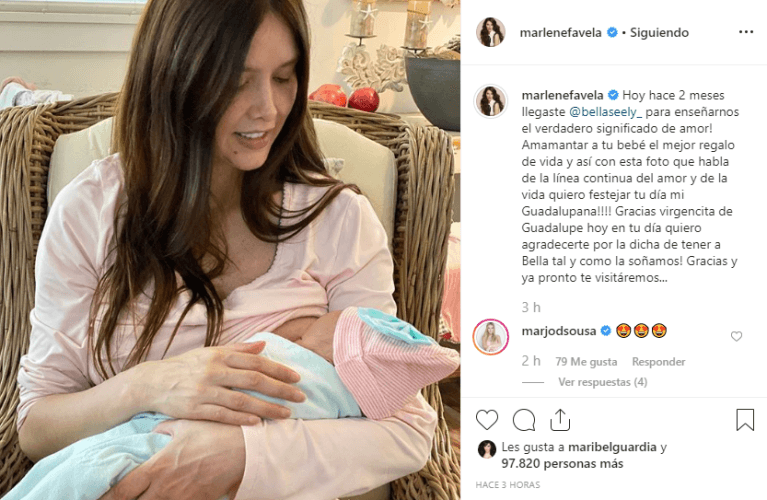 Para festejar los dos meses de vida de Bella, la protagonista de 'Gata salvaje' compartió un tierno momento junto a su hija junto a este mensaje: “Hoy hace 2 meses llegaste @bellaseely_ para enseñarnos el verdadero significado de amor. Amamantar a tu bebé el mejor regalo de vida y así con esta foto que habla de la línea continua del amor y de la vida quiero festejar tu día mi Guadalupana. Gracias virgencita de Guadalupe hoy en tu día quiero agradecerte por la dicha de tener a Bella tal y como la soñamos. Gracias y ya pronto te visitáremos".
<br>