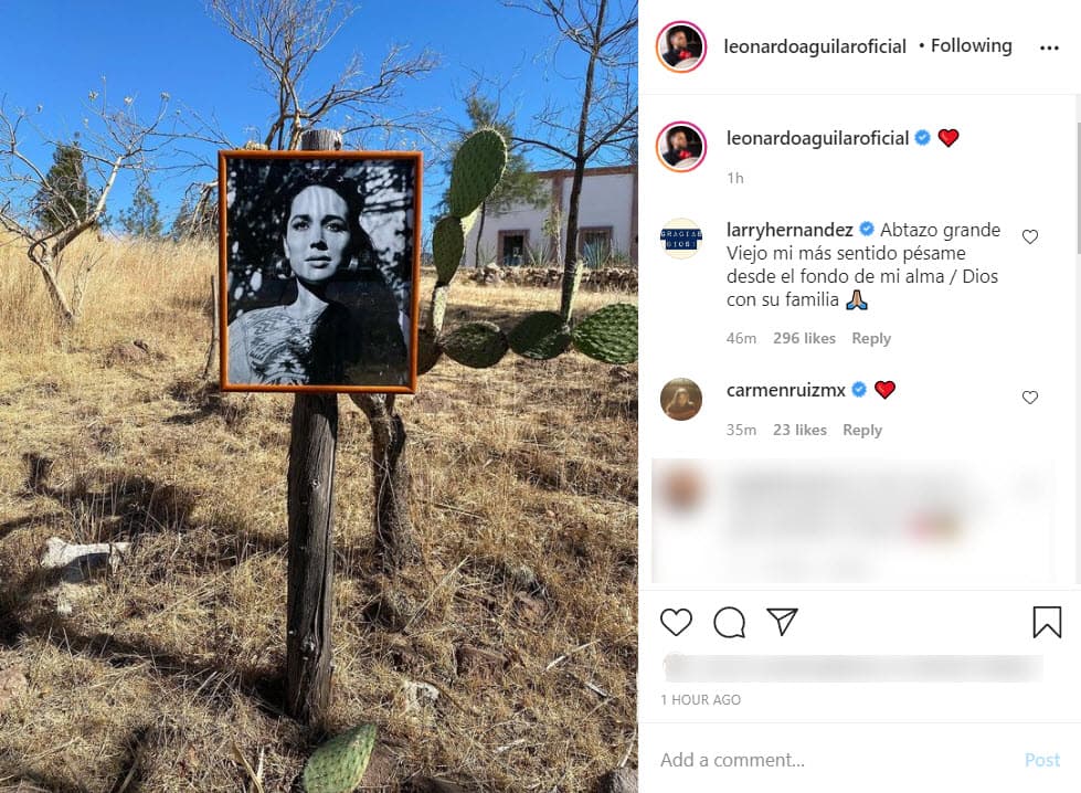 Tras hacer pública la muerte de su abuela, 
<b>Leonardo </b>compartió una fotografía en Instagram de la estrella del cine mexicano en 
<a href="https://www.univision.com/famosos/angela-leonardo-aguilar-despiden-flor-silvestre-instagram-fotos">medio de los pastizales</a> y agregó un corazón rojo.
<br>