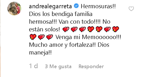 La foto recibió reacciones de aliento por parte de varios famosos. La presentadora Andrea Legarreta le escribió: "¡Hermosuras! ¡Dios los bendiga familia hermosa! ¡Van con todo! 
<b>¡No están solos!</b> ¡Venga mi Memo! ¡Mucho amor y fortaleza! ¡Dios maneja!".
<br>