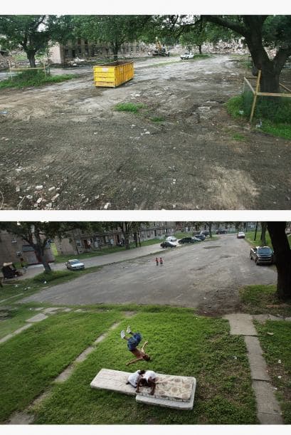 En 2015 los escombros permanecen en el proyecto de vivienda B. W. de bajos recursos que en algún momento fue invadido por el crimen. Diez años antes, los residentes gozaban de las áreas en buenas condiciones.