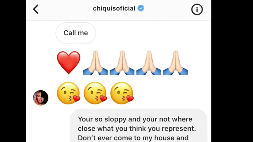 Chiquis Rivera le replicó con un corazón, oraciones y besos, pero Abigail le advirtió que no volviera a acercarse a su casa. Le dio pánico pues recordó que supuestamente, cuando ella era pequeña, sus tíos Rosie y Juan golpearon a su mamá.