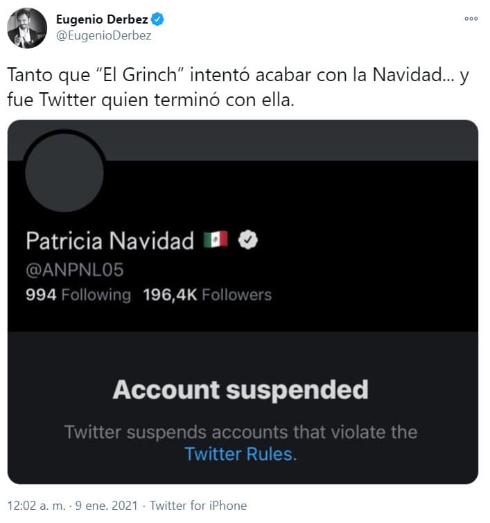 La actriz también aprovechó para mandarle un mensaje a Eugenio Derbez, quien el sábado 9 utilizó su sentido del humor para opinar sobre la suspensión de la cuenta de Paty Navidad en Twitter. Con una imagen donde se muestra suspendida la cuenta de Patricia Navidad escribió: "Tanto que 'El Grinch' intentó acabar con la Navidad... y
<b><a href="https://www.univision.com/famosos/eugenio-derbez-bromea-paty-navidad-trump-el-chapo-twitter-fotos" target="_blank"> fue Twitter quien terminó con ella</a></b>" .
<br>