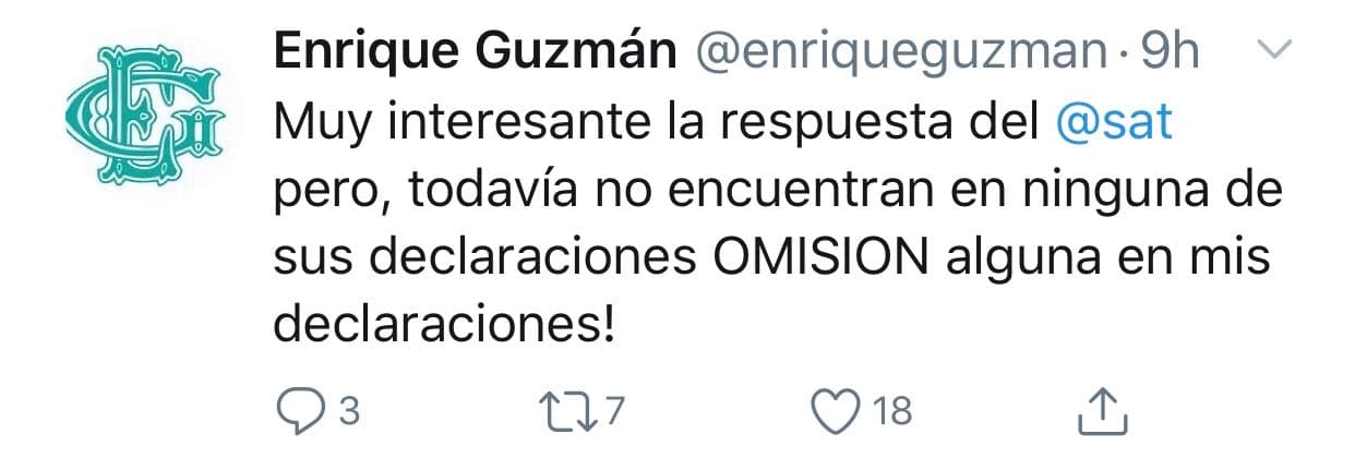 Tras la publicación del comunicado, el exesposo de Silvia Pinal 
<b><a href="https://twitter.com/enriqueguzman/status/1192293064221450240?s=20" target="_blank">escribió en Twitter</a></b>: "Muy interesante la respuesta del SAT, pero 
<b>todavía no encuentran</b> en ninguna de sus declaraciones omisión alguna en mis declaraciones".
