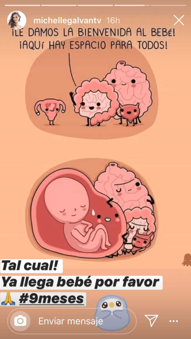 Michelle Galván está a punto de dar a luz su primer bebé. El sábado 11 de julio publicó esta imagen en la que estaba ansiosa por la llegada de la niña: 
<b><a href="https://www.univision.com/famosos/tendra-mejores-outfits-que-la-madre-la-bebe-de-michelle-galvan-recibe-su-primer-vestido-couture-video" target="_blank">"Ya llega bebé, por favor"</a></b>
<a href="https://www.univision.com/famosos/tendra-mejores-outfits-que-la-madre-la-bebe-de-michelle-galvan-recibe-su-primer-vestido-couture-video" target="_blank">. </a>
<br>