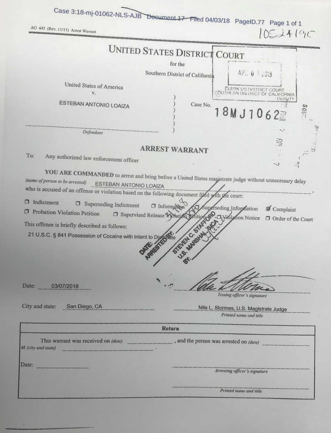 El 7 de marzo, la magistrada federal 
<b>Nita Stormes </b>emitió una orden de arresto contra Loaiza, quien desde ese día fue trasladado de la San Diego Central Jail al 
<b><a href="https://www.bop.gov/locations/institutions/sdc/">Metropolitan Correctional Center.</a></b>