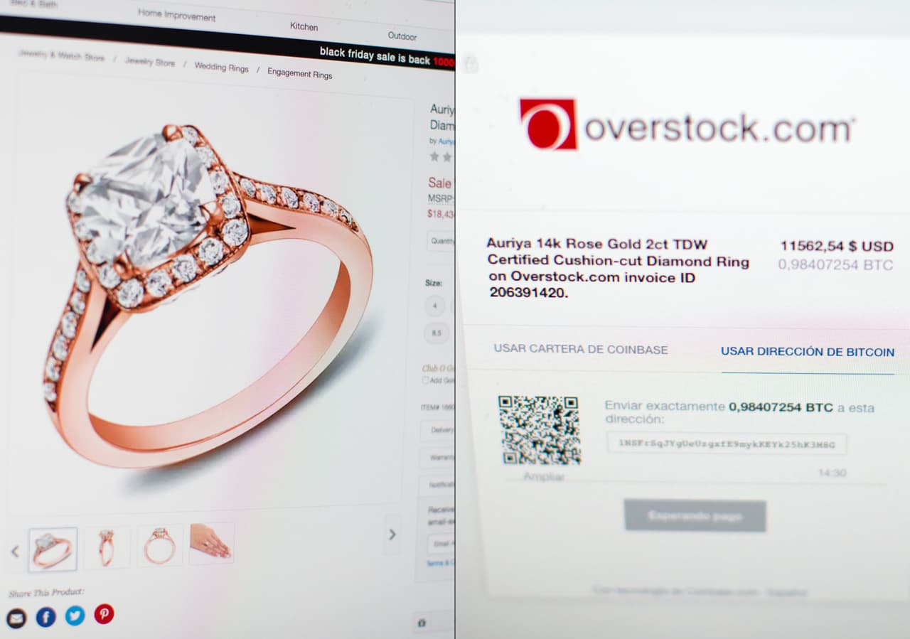 Un anillo de oro de 14 quilates y diamantes costaba en overstock.com 0.98407254 bitcoins al momento de la foto, unos 11,000 dólares.