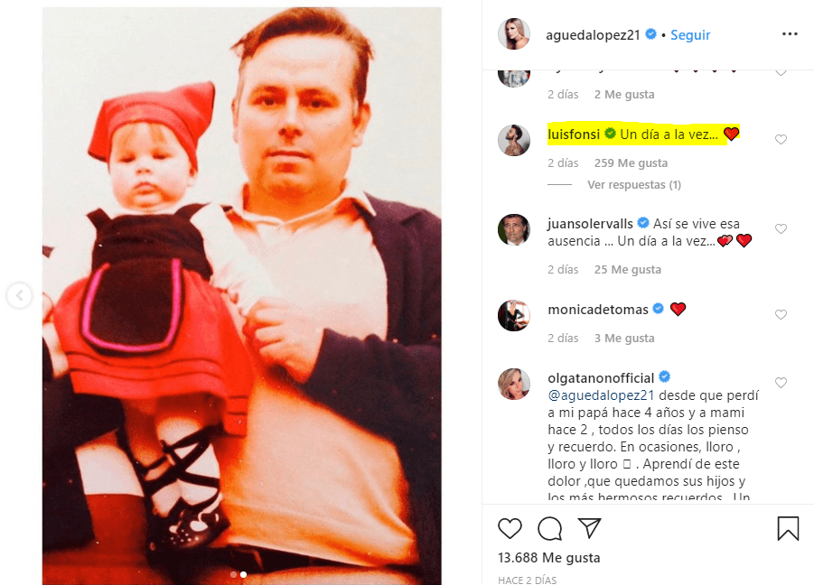 Acompañó la publicación con un par de fotografías: una de un atardecer y otra en la que aparece de pequeña, junto a su padre. Diferentes personalidades del medio del espectáculo (como 
<b><a href="https://www.univision.com/shows/mira-quien-baila/sofisticada-y-deslumbrante-el-look-de-chiquinquira-delgado-en-el-estreno-de-mqb-all-stars-fotos">Chiquinquirá Delgado</a></b>, Maky Soler, 
<b>Karla Monroig</b>, Érika Ender, 
<b>Chenoa</b>, Juan Soler, Olga Tañón, 
<b><a href="https://www.univision.com/shows/despierta-america/un-sueno-hecho-realidad-a-karla-le-impresiono-este-tratamiento-que-podria-dejarte-como-jlo-sin-ir-al-gimnasio-video">Karla Martínez</a></b> y Ednita Nazario), se unieron a su pena. Su esposo, Luis Fonsi, también le comentó: "Un día a la vez".