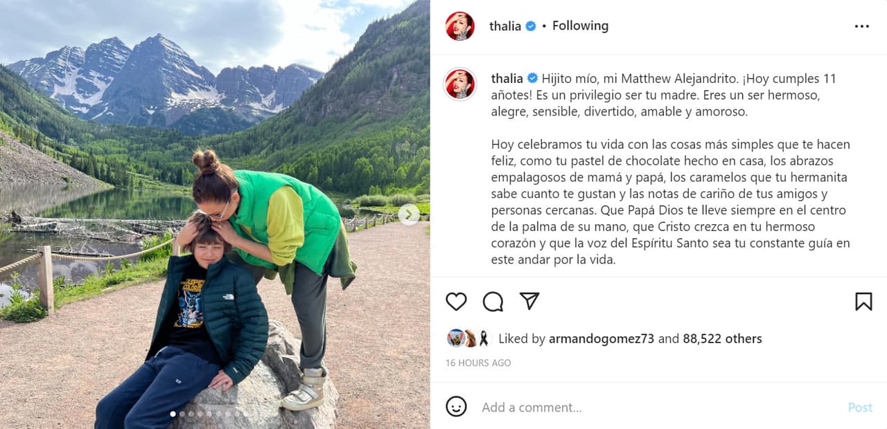 Aunque la invade la tristeza, 
<b>Thalía lo felicitó</b> a través de Instagram con un cariñoso mensaje en el que le hizo saber que es su fuerza ante lo que vive por la partida de doña Eva Mange. 
<br>