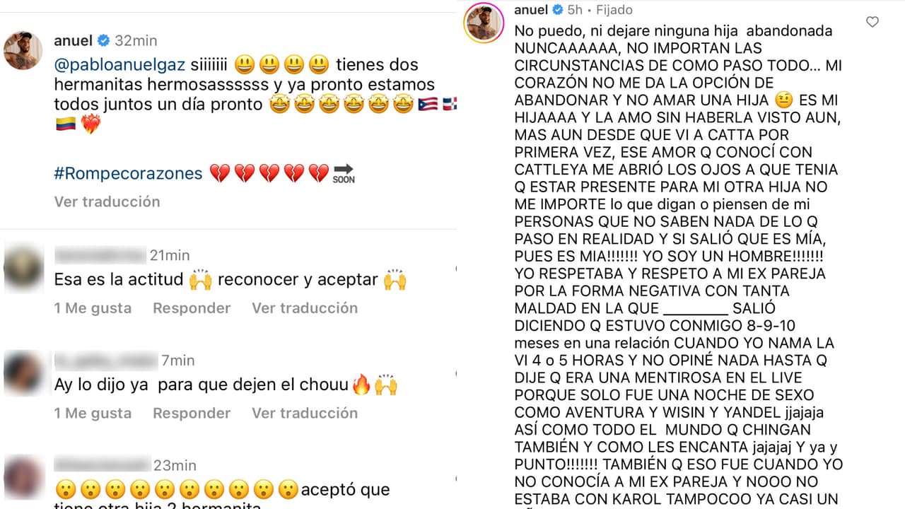 Con este mensaje, Anuel termina por reconocer que tiene dos hijas: una con Yailin y otra con Melissa Vallecilla, a la que había negado.