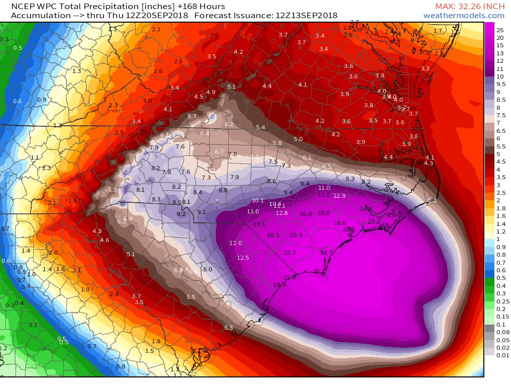 Huracán Florence: 17 billones de galones de agua de lluvia caerán en las Carolinas y Virginia