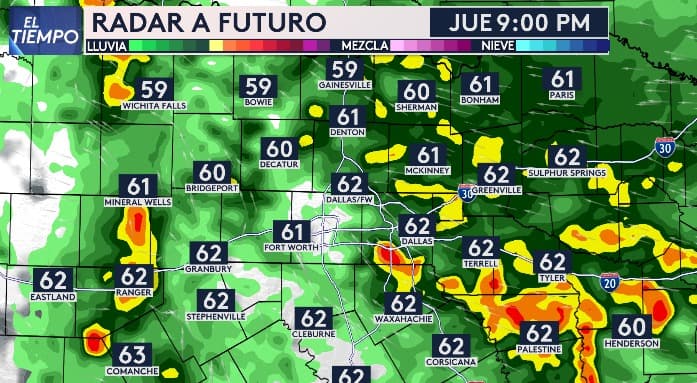 En el radar a futuro, se muestran varias tormentas a eso de las 9:00 pm en gran parte del norte de Texas, pero con más fuerza al sureste de la región.