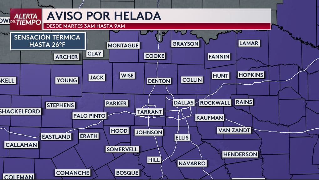 Nuestra experta del tiempo Angela Del Río advierte que 
<b>un aviso por helada estará vigente en gran parte del norte de Texas durante la madrugada del martes.</b> 
<br>Según el pronóstico, la sensación térmica 
<b>podría llegar hasta los 26 °F</b>
<br>
<a href="https://www.whatsapp.com/channel/0029VafZxTzGpLHXXhtL0Y3A" target="_blank">Únete a nuestro canal de WhatsApp: Haz clic aquí para estar al tanto de las últimas noticias e historias de tu comunidad</a>