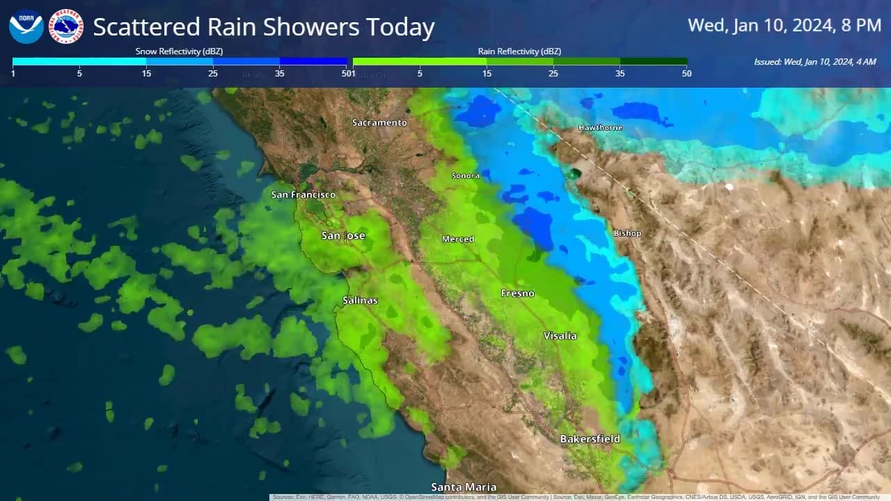 Hacia las 8 pm, las lluvias se concentran sobre todo en el sur de la Bahía y la Costa Central. Aunque desaparecen de Sacramento, persisten en el Valle Central.