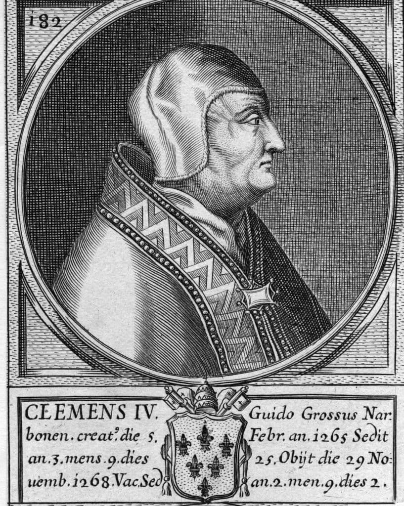<h2 class="cms-H2-H2">El cónclave más largo de la historia</h2>
<br>
<br>En el siglo XIII, se necesitaron casi tres años —1,006 días para ser exactos— para elegir al sucesor del Papa Clemente IV, convirtiéndolo en 
<b>el cónclave más largo de la historia de la Iglesia católica.</b> 
<br>
<br>De ahí también proviene el término cónclave, ya que los cardenales reunidos en Viterbo, al norte de Roma, tardaron tanto que los frustrados ciudadanos de la ciudad los encerraron, indica AP.
<br>
<br>Foto: Papa Clemente IV (de 1265 a 1268)
