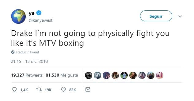 El esposo de Kim continuó: “Drake, no voy a pelear físicamente contigo como si fuera boxeo de MTV”.
<br>