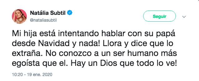 Natália Subtil calificó a Sergio Mayer Mori de “egoísta” asegurando que no ve a su hija desde Navidad. “Llora y dice que lo extraña”, comentó en una serie de publicaciones que realizó el 19 de enero en Twitter.