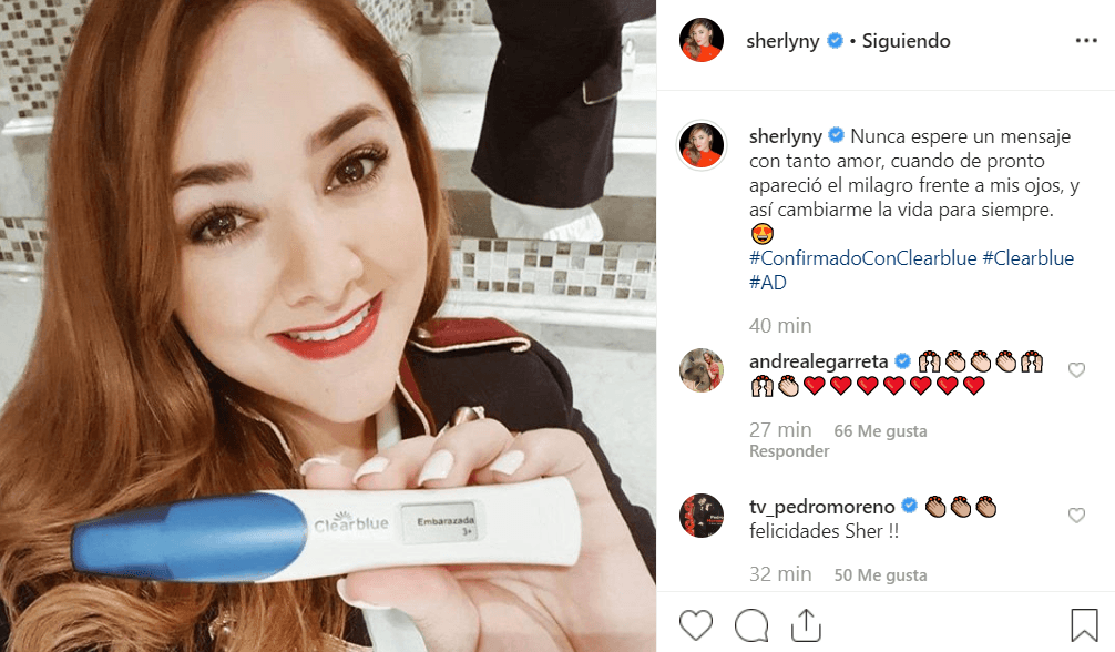 La cantante compartió este jueves en Instagram la prueba de embarazo y escribió que “nunca esperé un mensaje con tanto amor, cuando de pronto apareció el milagro frente a mis ojos, y así cambiarme la vida para siempre”.