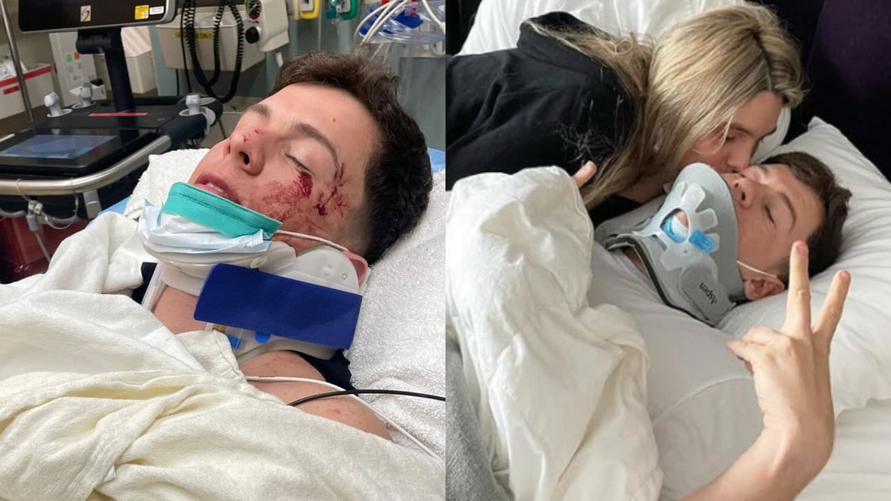 A la izquierda, Guaynaa aparece en la cama del hospital tras el accidente. A la derecha, se le ve tras ser dado de alta.