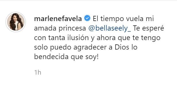 "El tiempo vuela mi amada princesa Bella Seely. ¡
<b><a href="https://www.univision.com/famosos/marlene-favela-ya-sabe-el-sexo-de-su-bebe-y-el-nombre-de-cinco-letras-que-le-pondra-fotos" target="_blank">Te esperé con tanta ilusión</a> </b>y ahora que te tengo solo puedo agradecer a Dios lo bendecida que soy!". 
<br>