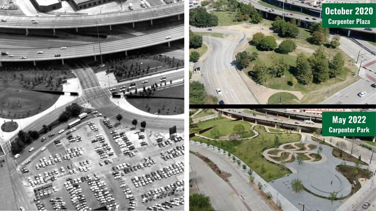 Este parque está desde la década de 1980 en el centro de la ciudad. En esta imagen (izqu.) puedes ver cómo esa zona era prácticamente un espacio para automóviles.