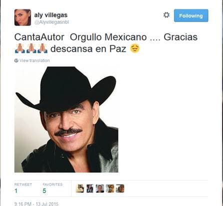 Aly Villegas: "CantaAutor orgullo mexicano... Gracias. Denscansa en paz".