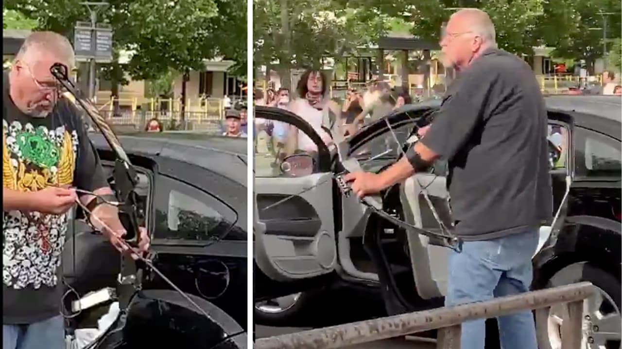 Apunta con arco y flechas a multitud en protesta por la muerte de George Floyd y su amenaza sale mal