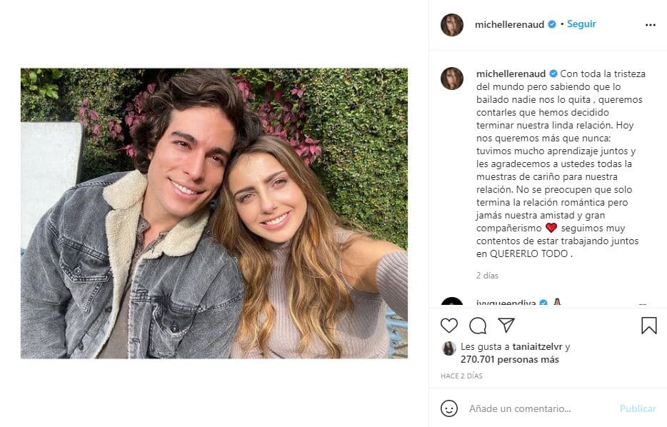 Después de una serie de especulaciones sobre una supuesta separación, los protagonistas de la telenovela Quererlo Todo confirmaron que ya no eran pareja: "Termina la relación romántica pero jamás nuestra amistad y gran compañerismo".