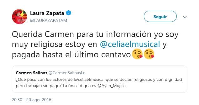 Por su parte, Laura Zapata así respondió ante otro Twitter emitido por Carmen Salinas.
