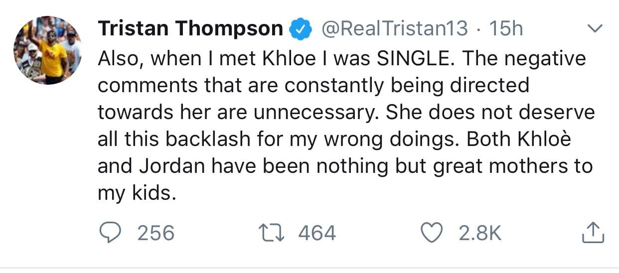 "Además, cuando conocí a Khloe, 
<b>estaba soltero</b>. Los comentarios negativos que se dirigen constantemente hacia ella son innecesarios", 
<b><a href="https://twitter.com/RealTristan13/status/1156692259527626753" target="_blank">escribió. </a></b>