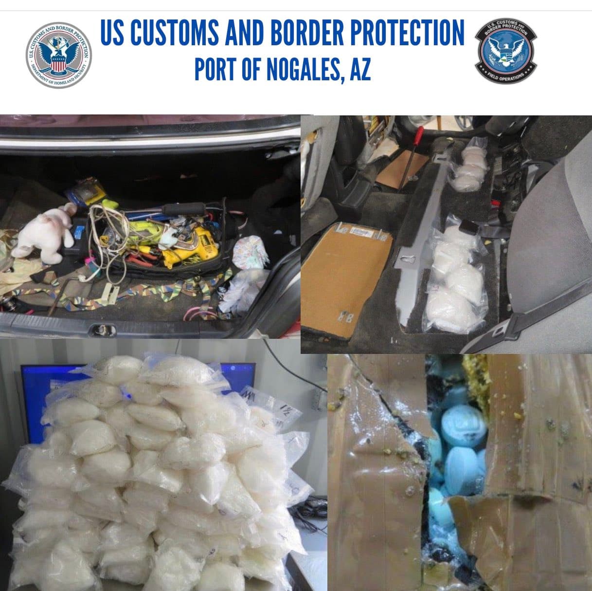 En otro punto, fueron hallados dos cargamentos significativos de drogas: fentanilo y metanfetaminas ocultas en automóviles. Los descubrimientos se deben a la labor de agentes K-9.