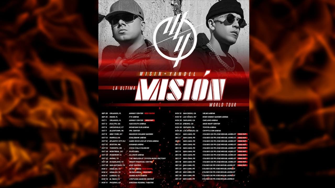<b>Wisin & Yandel </b>
<br>
<br>El dúo de la historia le dirá adiós a su trayectoria musical juntos, y agradeciendo a sus seguidores con su gira ‘La Última Misión 2022’. Tendrán 26 fechas donde realizarán su emotiva despedida, en varias ciudades de Puerto Rico y Estados Unidos.