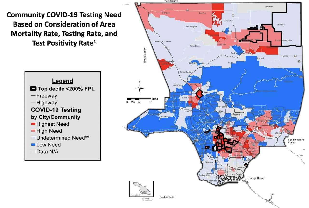 Los lugares de prueba que se abrirán en el condado se concentrarán en las ciudades consideradas "calientes" (hot spots), demarcadas en color rojo, donde se ha reportado el mayor número de casos de
<b>coronavirus</b>. Entre estas ciudades se encuentran
<b>Montebello, South Gate, Panorama City, Downey, Norwalk y Compton</b>, según el
<a href="https://covid19.lacounty.gov/covid19-news/la-county-extends-covid-19-testing-capacity-address-disparities-communities/" target="_blank">comunicado</a>. Además, se ampliará la capacidad de prueba en sitios existentes en Bellflower, Pomona, El Monte y el este de Los Ángeles. Datos publicados el 15 de julio del 2020.