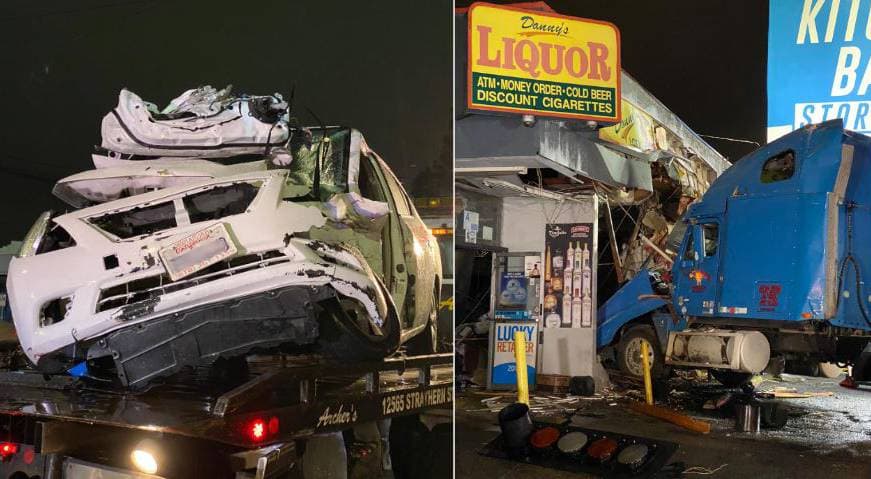 Un herido grave y un camión dentro de una licorería tras choque provocado durante las lluvias en Los Ángeles