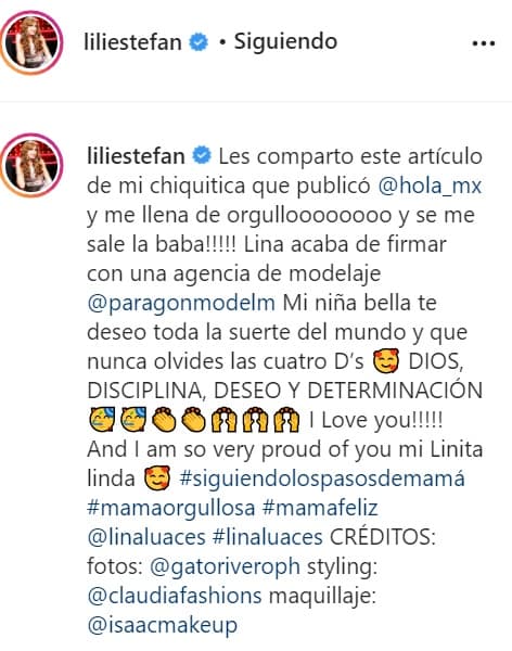 Por su parte, nuestra Lili publicó un mensaje para expresar lo orgullosa que está de Lina. "Se me sale la baba", se puede leer como parte del texto escrito por La Flaca para su hija.