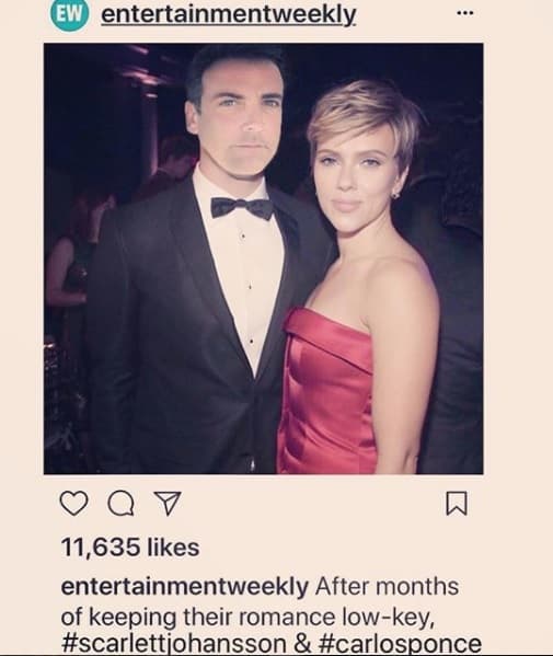 Ya sean portadas de revista o fotografías de su Instagram, no importa, Carlos Ponce se edita al lado de la mujer que le guste. Aquí lo podemos ver con la actriz Scarlett Johansson.