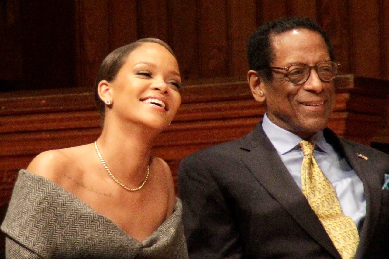 Photo © 2017 Instar Images/The Grosby Group Cambridge, Massachusetts, February 27, 2018. Pop star Rihanna is seen at Harvard's Sanders Theatre to receive the 2017 Humanitarian Award for her contributions in Barbados. Rihanna has charitably built a state-of-the-art center for oncology and nuclear medicine to diagnose and treat breast cancer at the Queen Elizabeth Hospital in Bridgetown, Barbados,î said Dr. S. Allen Counter, director of the Harvard Foundation, in a statement.