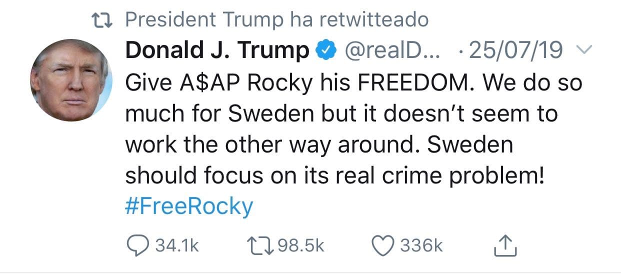 De hecho, el presidente publicó un 
<b><a href="https://twitter.com/realdonaldtrump/status/1154502673514684416?s=21" target="_blank">tuit</a></b> el pasado 25 de julio con un mensaje al respecto:
<b> <a href="https://www.univision.com/famosos/el-dia-que-a-ap-rocky-declara-en-su-juicio-surge-nuevo-video-de-la-agresion-de-la-que-se-le-acusa-video" target="_blank">"Denle a A$AP Rocky su libertad</a></b>. Hacemos muchísimo por Suecia, pero no parece funcionar al revés. ¡Suecia debería centrarse en su verdadero problema de crimen!", sentenció el mandatario.