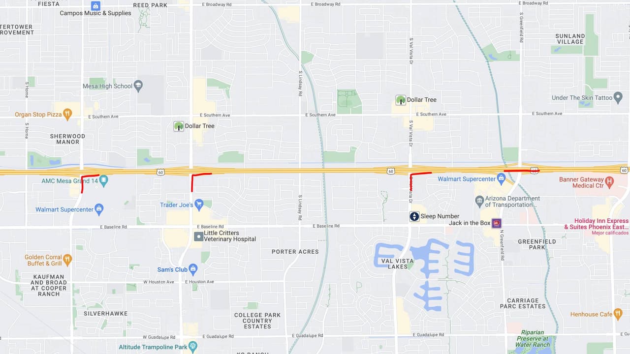 <b>US 60 este</b>
<br>La US 60 en dirección este (Superstition Freeway) cerrará en Greenfield Road desde las 9 p.m. del viernes, hasta las 5 a. m. del lunes.
<br>
<br>Las rampas de acceso a la US 60 en dirección este en Val Vista Drive, Gilbert Road y Stapley Drive también cerrarán.
<br>
<br>Rutas alternas
<br>Considere salir antes del cierre y usar Baseline Road, Southern Avenue o Broadway Road en dirección este para viajar más allá del cierre.