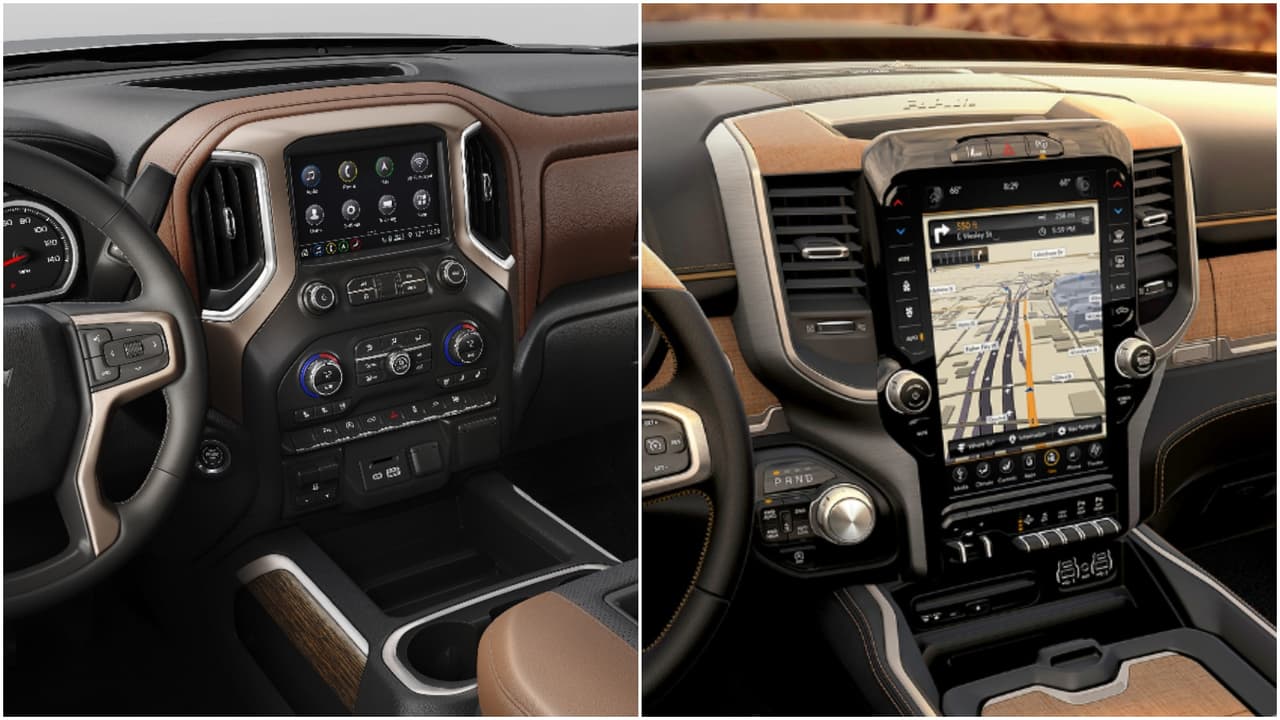 <h3 class="cms-h3-H3">Patalla del sistema telemático.</h3>
<br>
<br>Mientras que Chevrolet optó por una pantalla tradicional de 8 pulgadas (7 pulgadas en las versiones menores) Ram decidió reinventar la interacción con el vehículo con una nueva panatlla opcional de
<b>12 pulgadas</b> con la capacidad de dividirse en dos secciones para lidiar con dos sistemas distintos a la vez.
<br>
<br>Desde aquí podemos escuchar a los diseñadores de Ford y de Chevrolet corriendo para diseñar sus propias megapantallas cuanto antes.