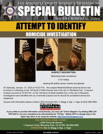 La 
<a href="https://www.univision.com/local/los-angeles-kmex/tiroteo-masivo-ano-nuevo-chino-sospechoso-los-angeles">policía describió al sospechoso</a> como un hombre asiático, de entre 30 a 50 años, de 5’10” altura y unas 150 libras, que vestía un abrigo y gorro de color negro.
<br>