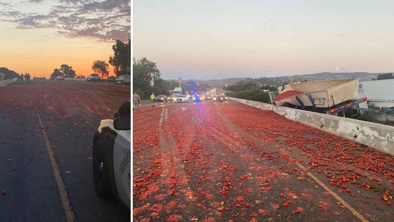 Por volcadura y miles de tomates derramados, cierran la I-80 a la altura de Vacaville