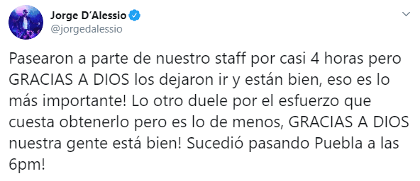 El músico también denunció que integrantes de su staff fueron “paseados” por casi 4 horas: “Gracias a Dios los dejaron ir y están bien, eso es lo más importante”.