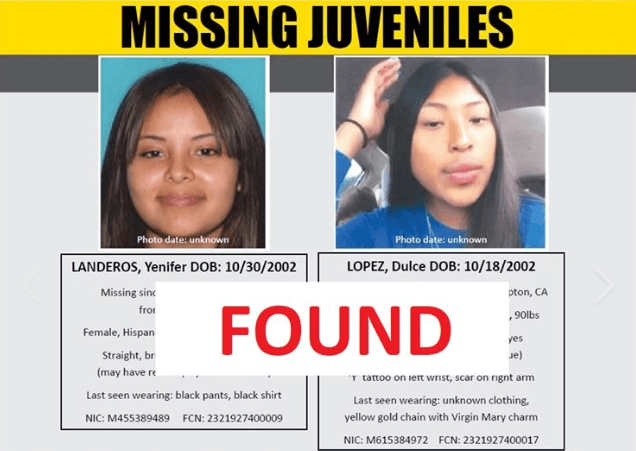 Yenifer Landeros de 16 años y Dulce López de 17, residentes de Compton fueron encontradas sanas y salvas tras dos semanas de haber desaparecido.