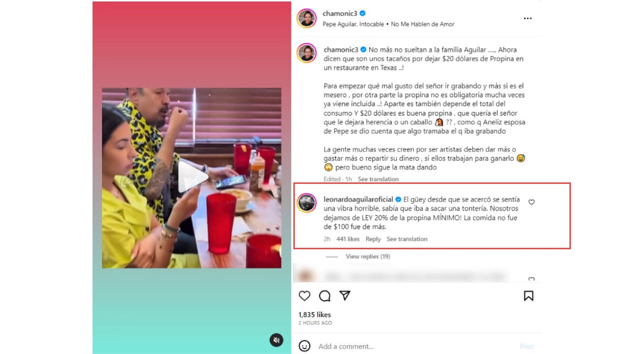 Leonardo Aguilar defendió a su familia por la polemica de la propina en un restaurante de Texas.