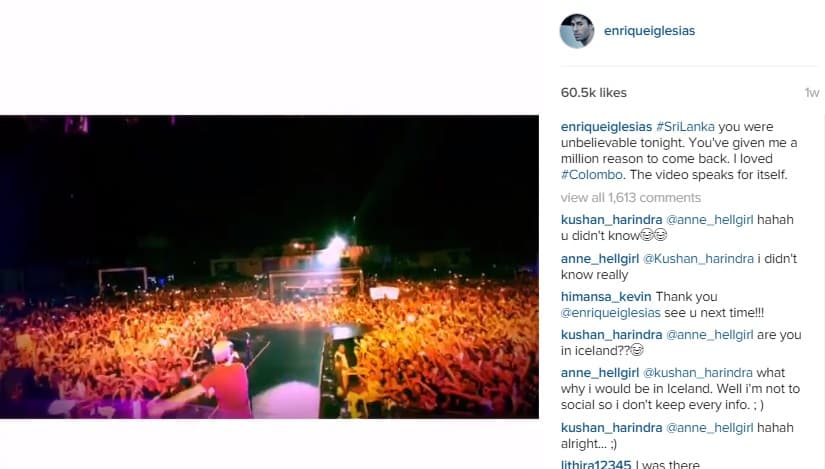 En sus redes sociales, Enrique manifestó su sorpresa por el concierto en la ciudad de Colombo, sin duda triunfó y hasta dijo que quería regresar.