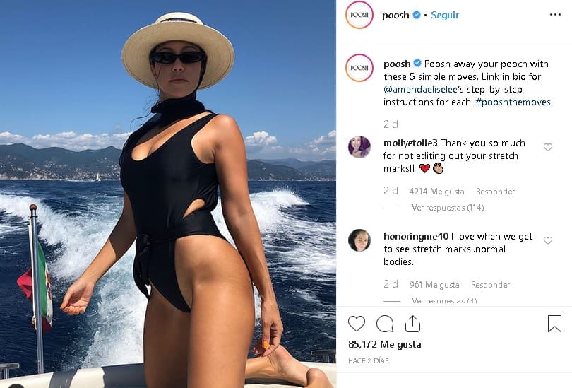 Lo particular de 
<b><a href="https://www.instagram.com/p/B1FW08jgDQs/?igshid=nh8u7vttx6bz" target="_blank">esta foto</a></b> es que deja ver su cuerpo tal como es y en ella se notan algunas de sus estrías. La imagen fue publicada a través de la cuenta del sitio web de Kourtney, 
<b><a href="https://poosh.com/" target="_blank">Poosh</a></b>, en el que aborda temas como la alimentación, belleza y la maternidad.
<br>