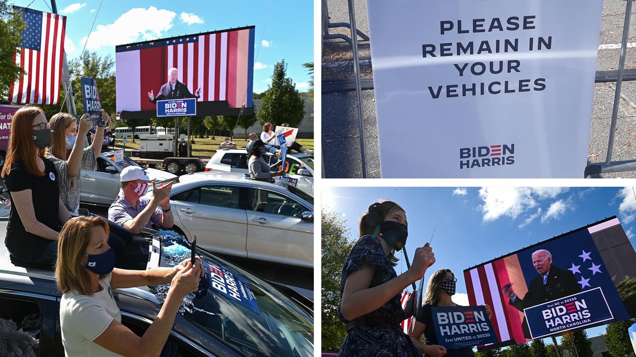 Bajo la modalidad de autoservicio, cientos de personas se reunieron el domingo en el estacionamiento del Riverside High School en Durham, Carolina del Norte, para mostrarle su respaldo al candidato demócrata a la presidencia, Joe Biden.
